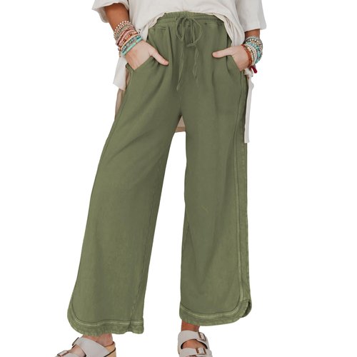 Hixiaohe Women's Casual Wide Leg Sweatpants High Waist Baggy Acid Wash Pants Drawstring Athletic Palazzo Pants with Pockets(Army-Green,M)