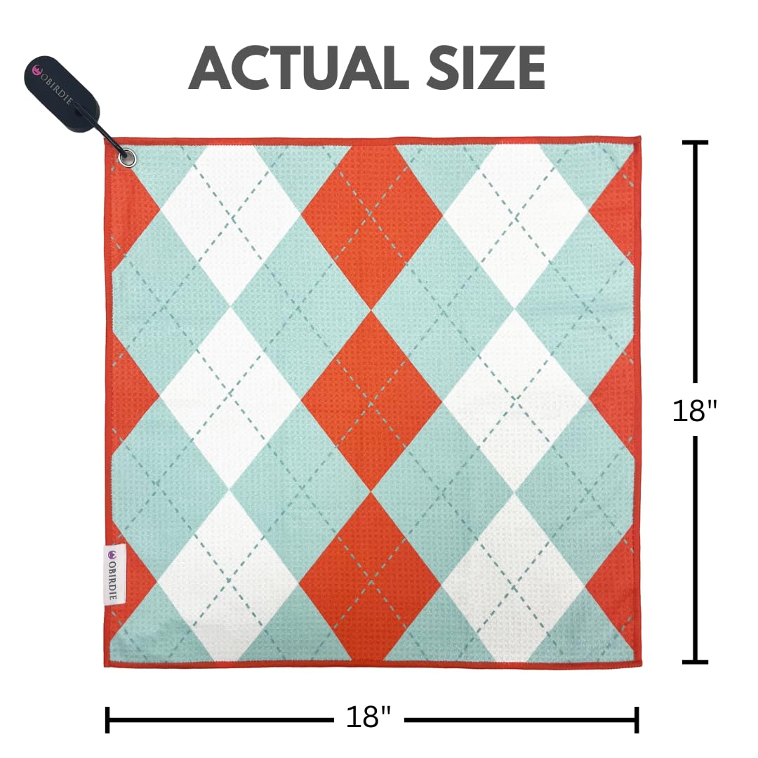 Obirdie Magnetic Golf Towel | 18"x18" Waffle Microfiber | Women's Golf Accessory | Detachable Clip | Quick-Dry, Ultra-Absorbent | Blue Orange Argyle