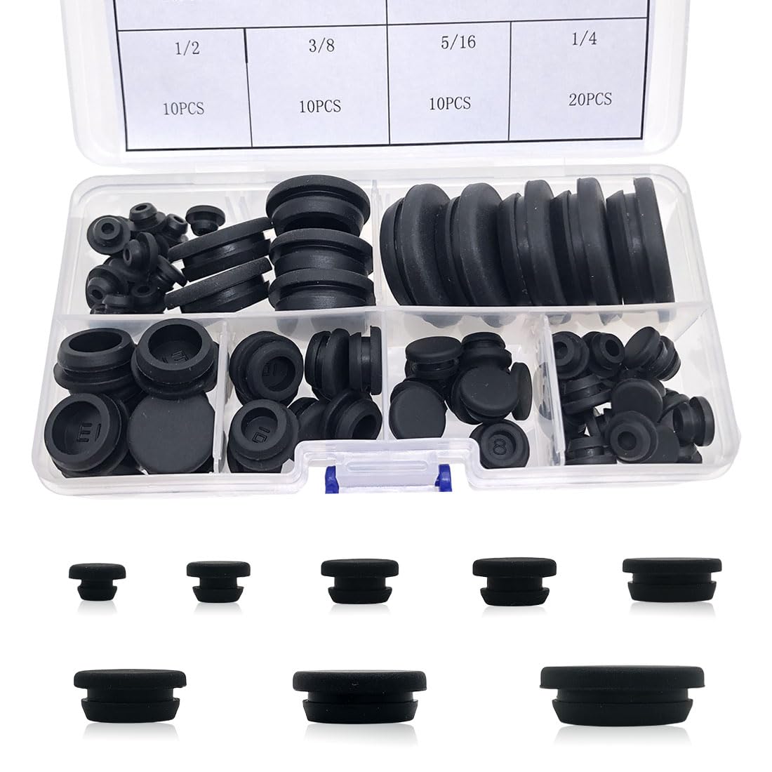 80PCS Silicone Hole Plugs Kit - 7 Sizes (1/4" 5/16" 3/8" 1/2" 5/8" 3/4" 1") - Snap Locking Round Hole Plugs Grommets for Automotive Hole Caps Drain Plugs Bottle Stoppers, Furniture etc. (Black)
