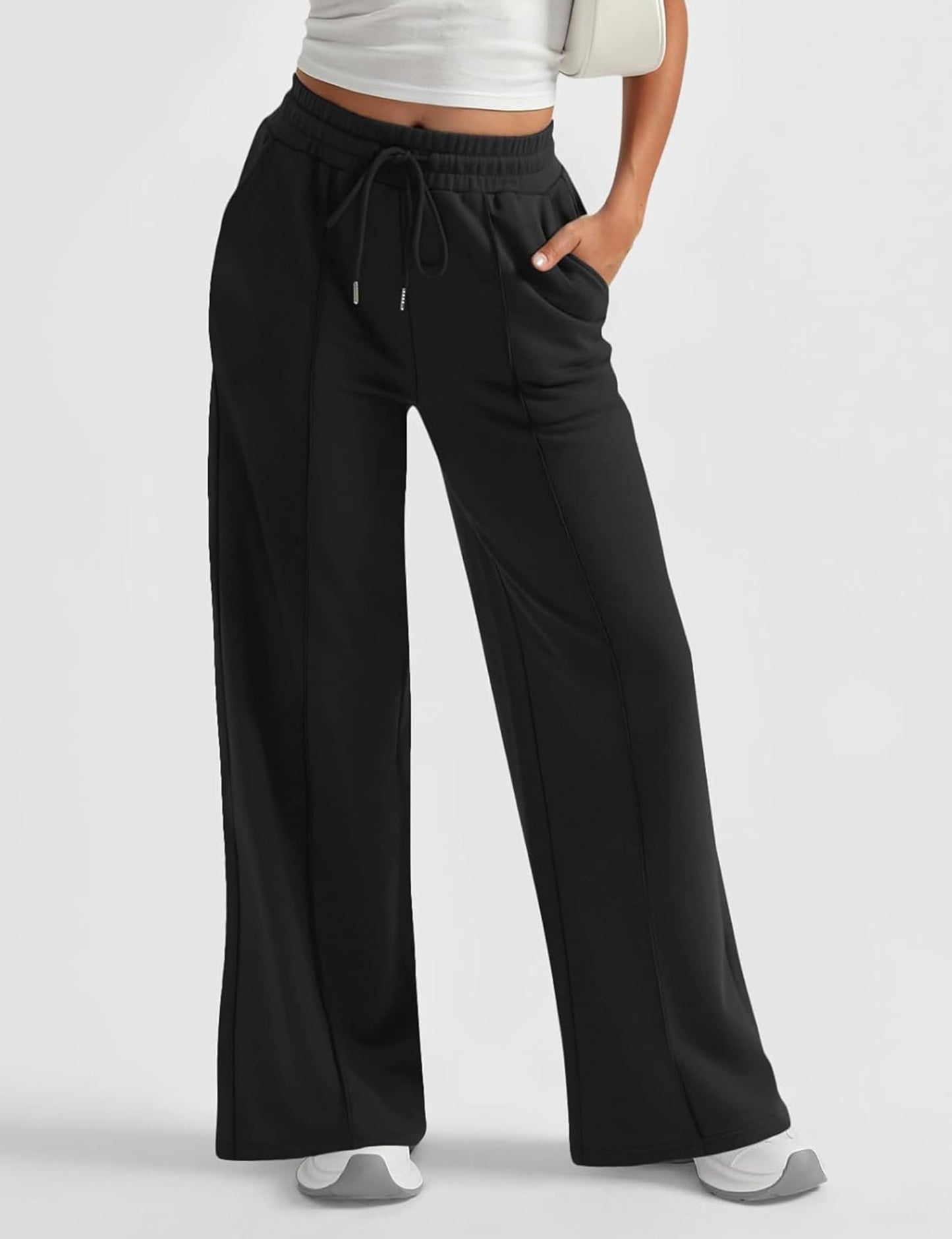 FSVABY Womens Baggy Wide Leg Athletic Track Sweatpants High Waisted Drawstring Workout Joggers with Pockets (Black, Small)