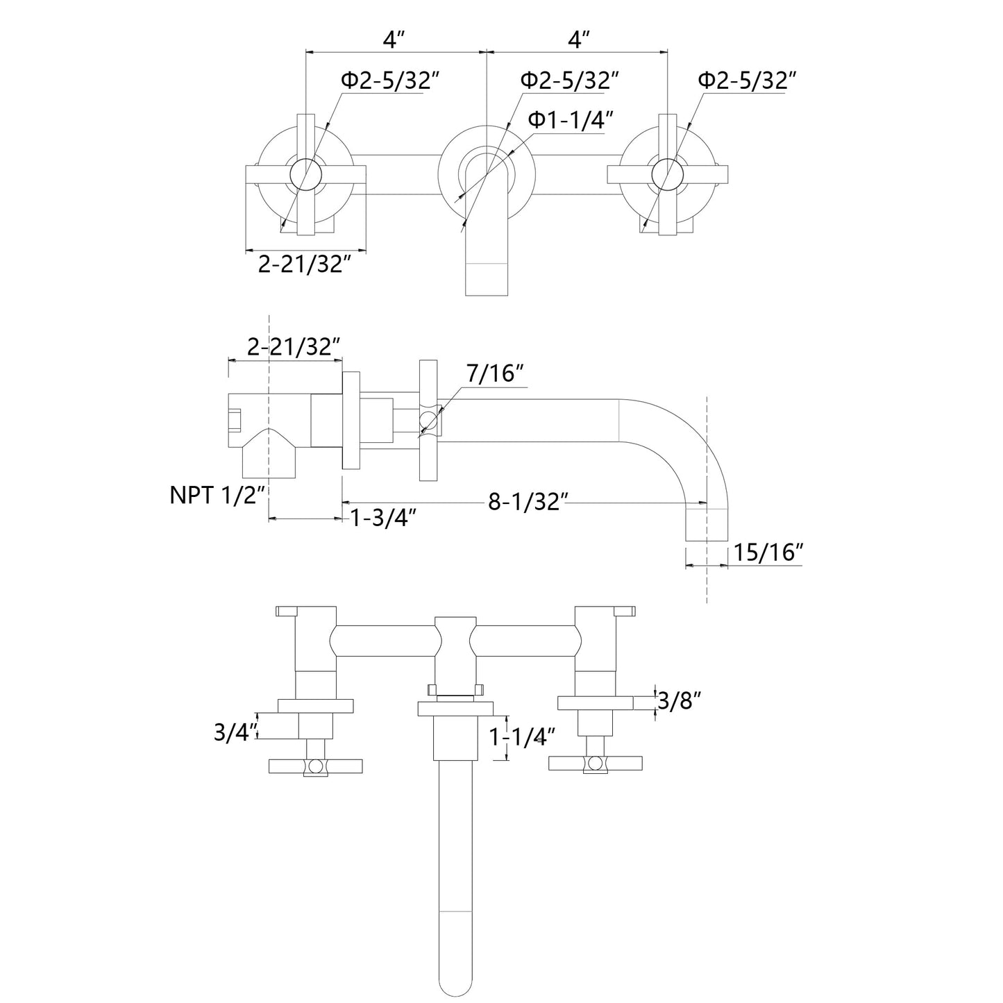 sumerain Wall Mount Bathroom Faucet,Cross 2-Handle in Modern Chrome Finish,Rough-in Valve Included