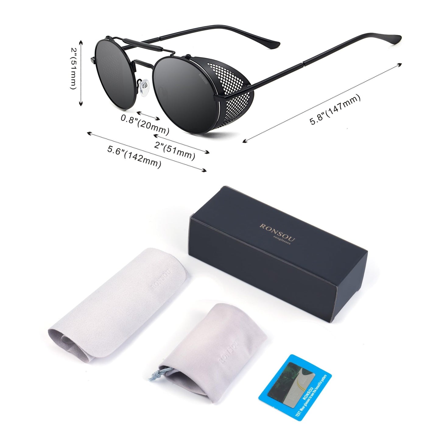 RONSOU Steampunk Style Round Vintage Sunglasses Retro Eyewear UV400 Protection Matel Frame black&grey
