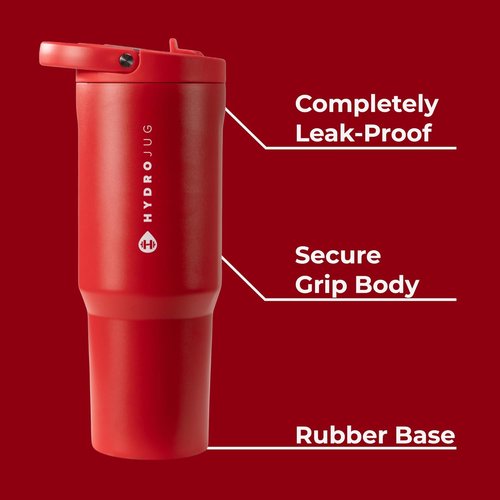 HydroJug Sport - Stainless Steel Tumbler with Straw, Vacuum Insulated, 32oz Leakproof Water Bottle, Ergonomic Design, Reusable, Dishwasher Safe, Rubber Base, Durable for Gym or Outdoors, Alumni Red