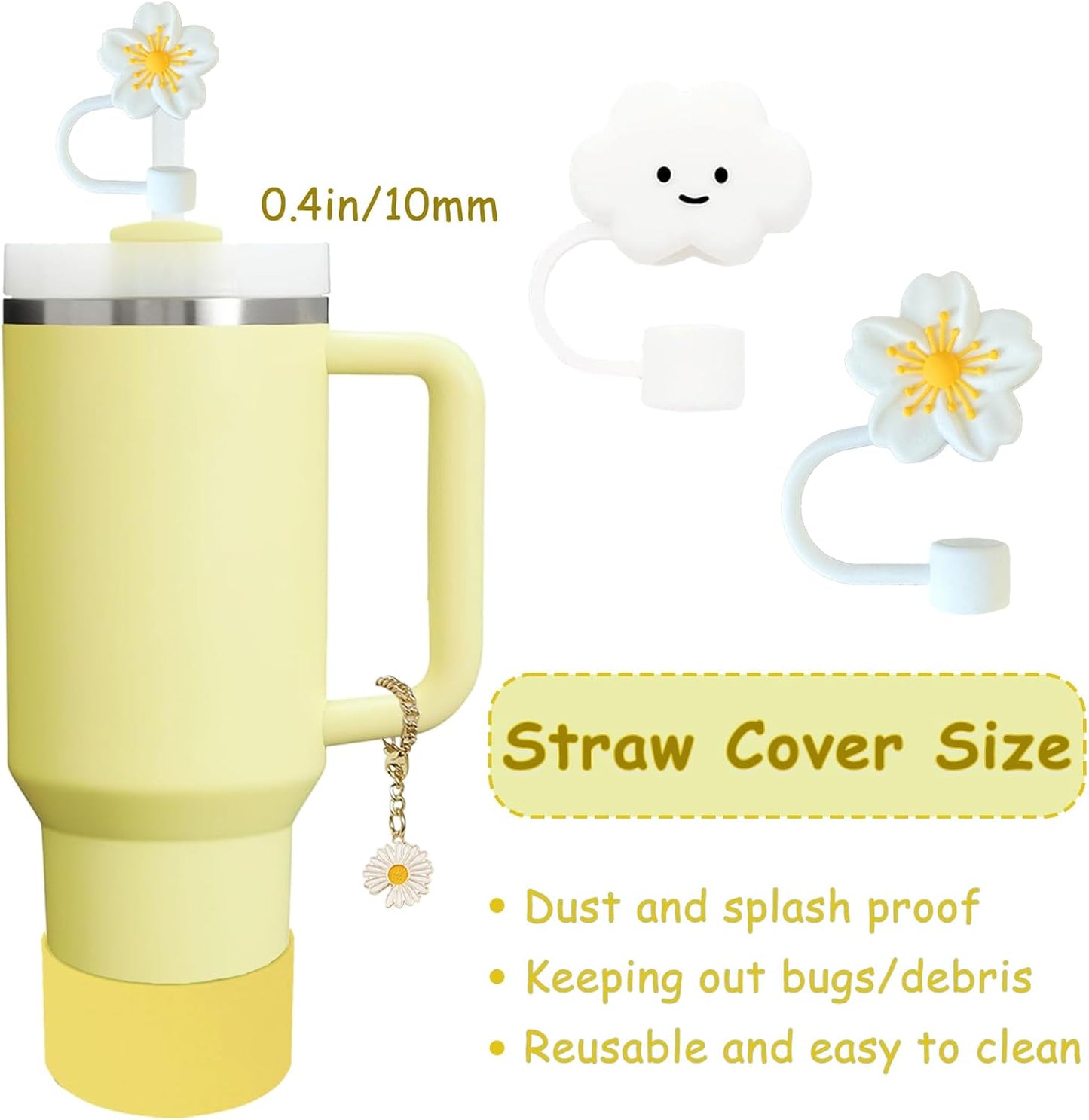 Stanley Cup Accessories Set - 2 Straw Covers, Silicone Stopper & Handle Charm | Fits 30/40 Oz Tumblers (Lemon Yellow)