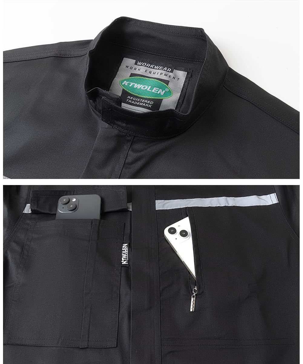 KTWOLEN Mens Workwear Coveralls Multi Pockets Work Suit Mechanic Overalls Jumpsuits Unisex Long Sleeve Garage Coverall, Black, XXL