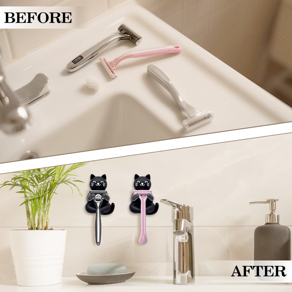 Mhfpl Cute Cat Waterproof Self-Adhesive Shower Hook Set, Funny Black Cat Razor Holder Bathroom Accessories for Men Women Cat Lover, Cat Lover Gifts for Women Men, Black Cat Bathroom Decor