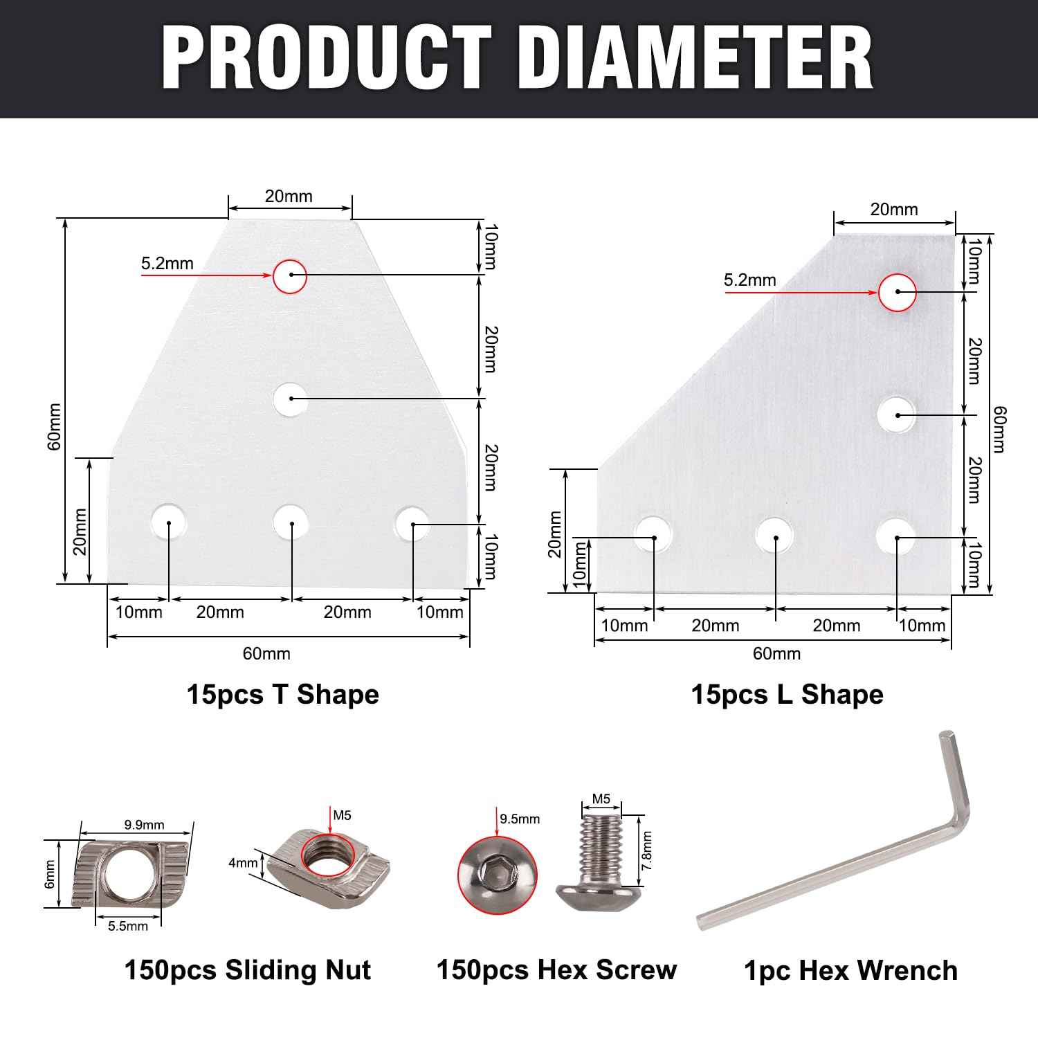 Sidaxia 2020 Corner Bracket Joint Plate 15Pcs L Shape & 15Pcs T Shape 5 Hole Aluminum Extrusion Connector with 150Pcs T-Nuts, 150Pcs Screws and 1Pc Wrench for 20 x 20mm Series Extrusion Profile