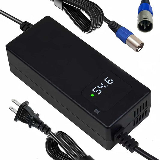 54.6V 2A Battery Charger for 48v Li-ion Battery Pack, 3-Pin Male XLR Connector, Equipped with HD display to Show the Current Voltage, Multiple Security Protection and Smart Shut-Off Charging