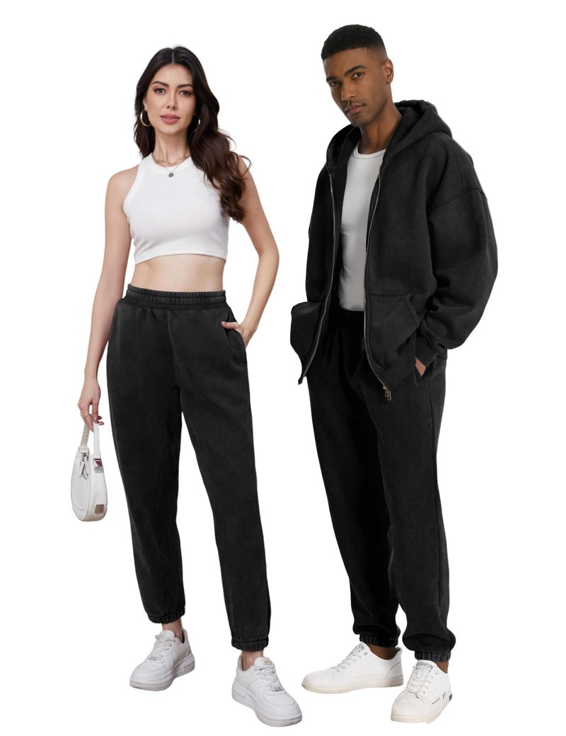FAIABLE Heavyweight Fleece-Lined Joggers for Men, Washed Soft Relaxed Fit Sweatpants with Tapered Cuff & Drawstring - Winter Warm Cozy Casual Pants (Unisex Style) Black