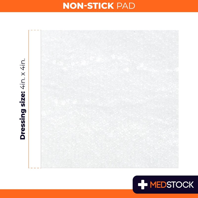 MEDSTOCK Non-Stick Pad, 4"x4" (Pack of 100), Gauze Pad Dressing, Non-Stick Wound Care, Surgical Grade, Fragile Tissue Protection, High Absorption, Porous Film Skin Contact Layer, Non Woven Fabric