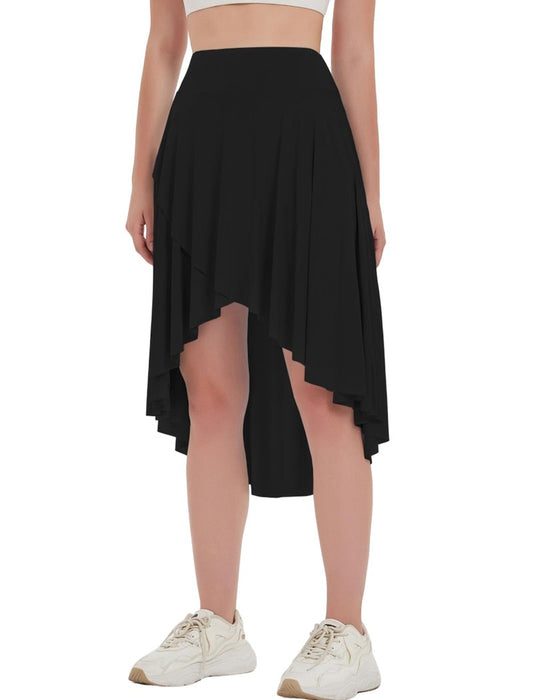 EXARUS Women Asymmetrical Midi Skirt Flowy High Low Dance Skorts with Underneath High Waisted Ruffle Casual Black S
