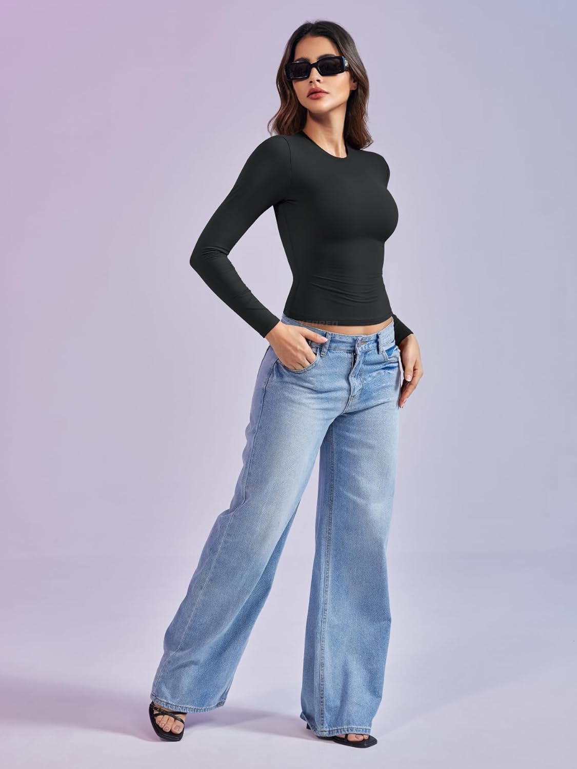 YEOREO Long Sleeve Women's Tee - Double Lined Crew Neck Top for Y2K Style & Workouts