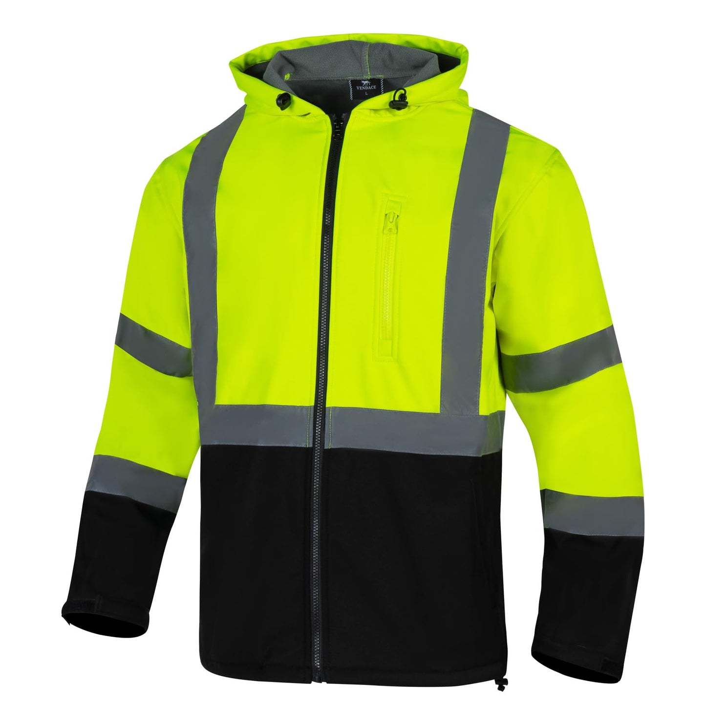 VENDACE Hi Vis Reflective Safety Jackets for Men Softshell Waterproof ANSI Class 3 High Visibility Work Jacket Hoodie Polar Fleece Lining(Yellow,L)