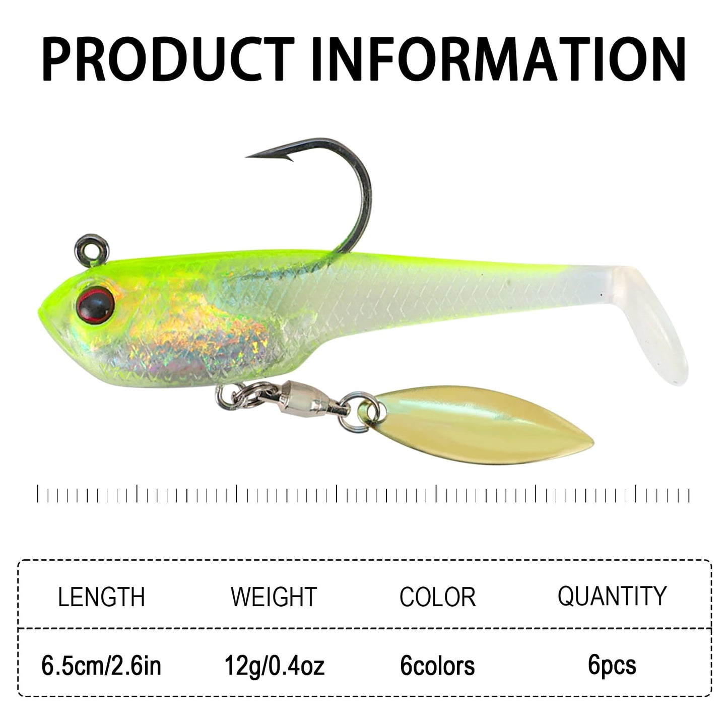 FREE FISHER 6Pcs Pre-Rigged Soft Lures Jig Head Paddle Tail Swimbaits with Spinner Blades for Bass Trout Walleye Crappie Fishing 2.6in/0.4oz