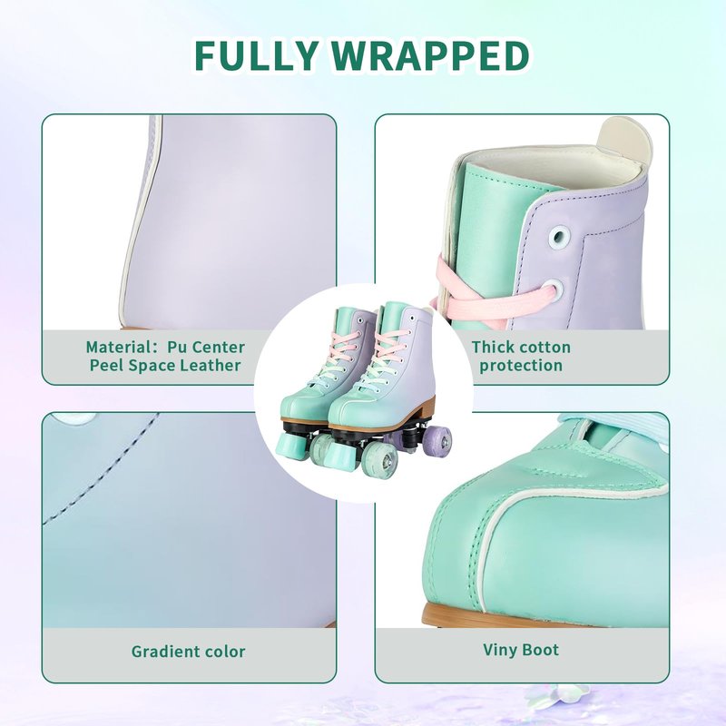 Gets Roller Skates for Girls and Women, Purple and Green PU Leather Light Up Women's Roller Derby Skates, Cute Adjustable Four-Wheel Beginner Outdoor Roller Skates for Youth (40)