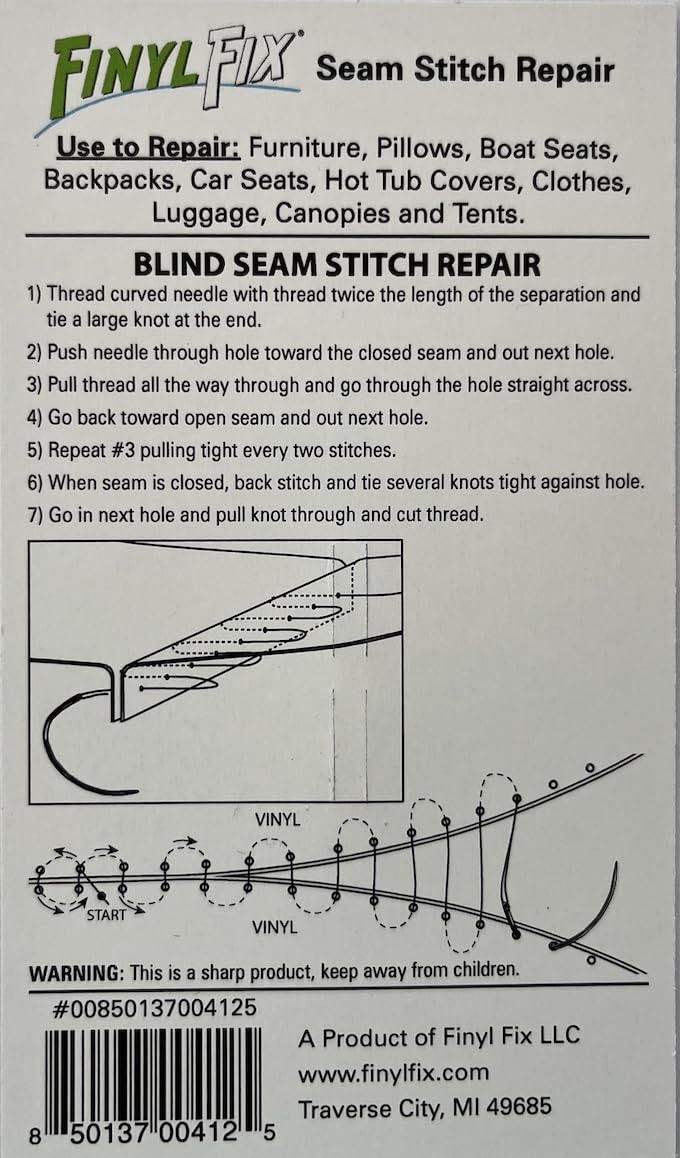 Finyl Fix Seam Stitch Repair Kit | Restore Seam Damage on Vinyl, Fabric, Leather, Heavy Canvas on Car/Boat Seats, Furniture, Clothes | Vinyl Repair Kit, Sewing Kit with Black & White Thread