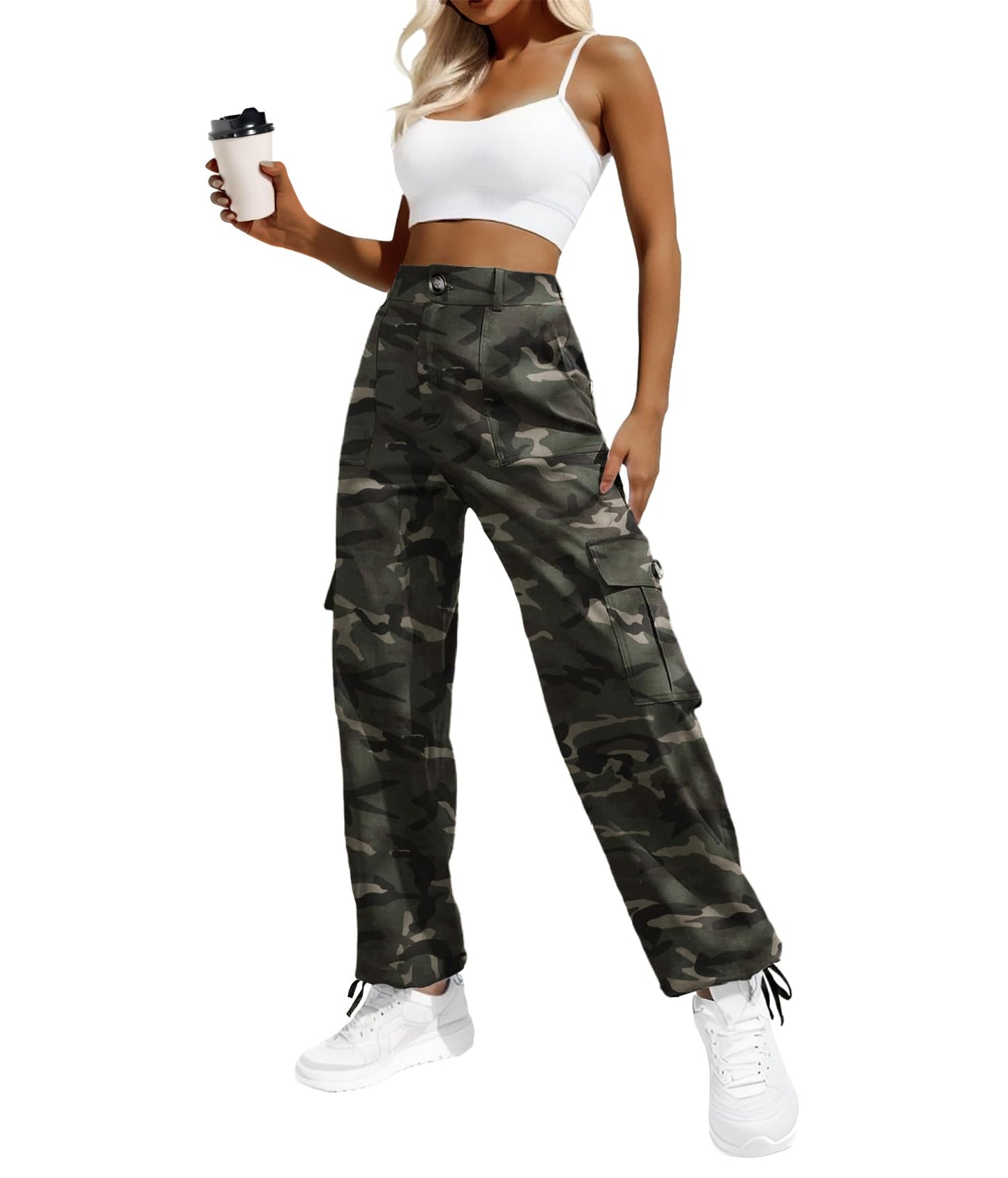 Women's High Waist Camo Cargo Long Straight Pants Casual Hiking Sweatpants Y2K Streetwear