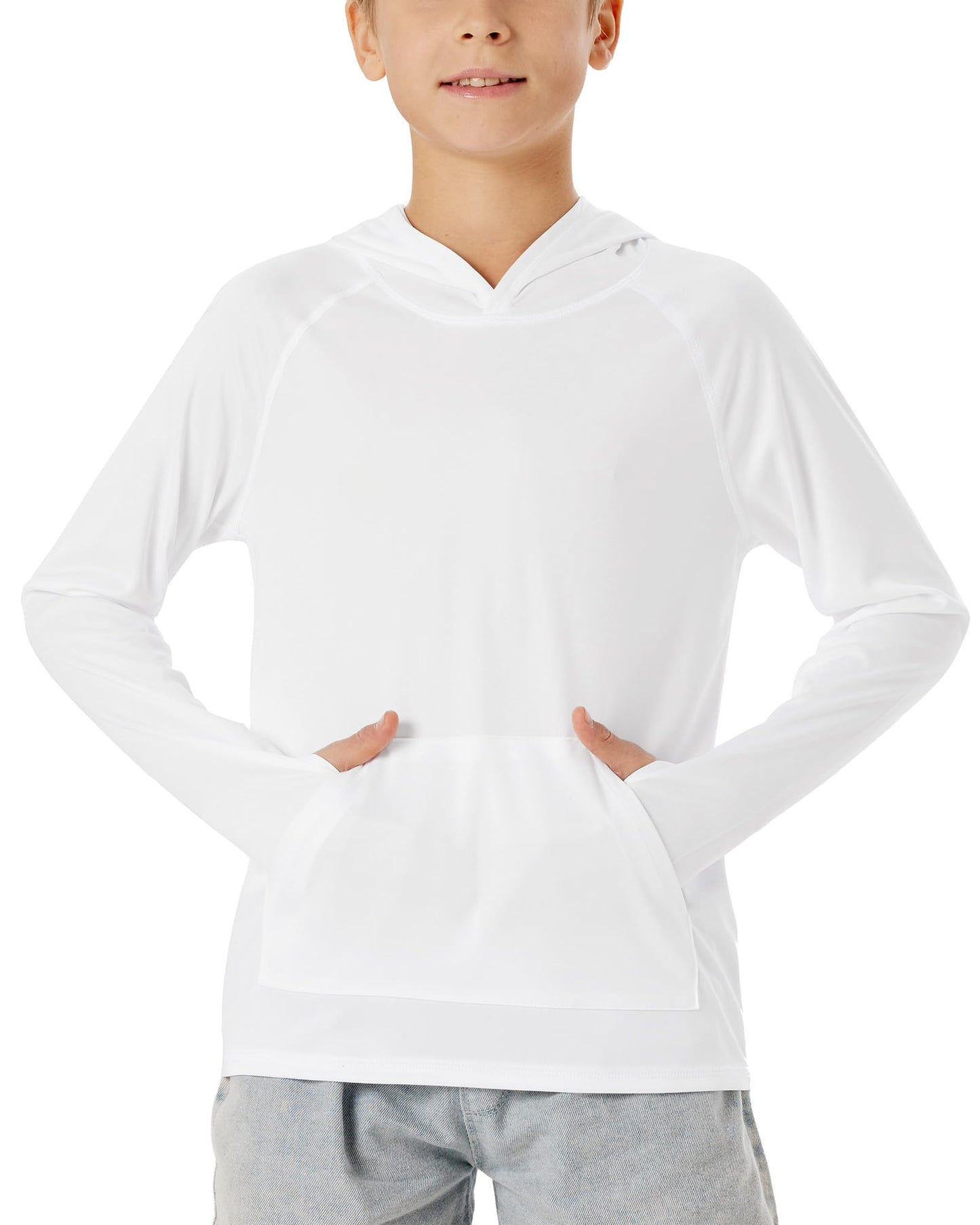 Poekuao Boys UPF 50+ Sun Protection Rash Guard Hoodie Swim Shirt Kids Long Sleeve Fishing Shirts Lightweight Rashguard with Pocket White L