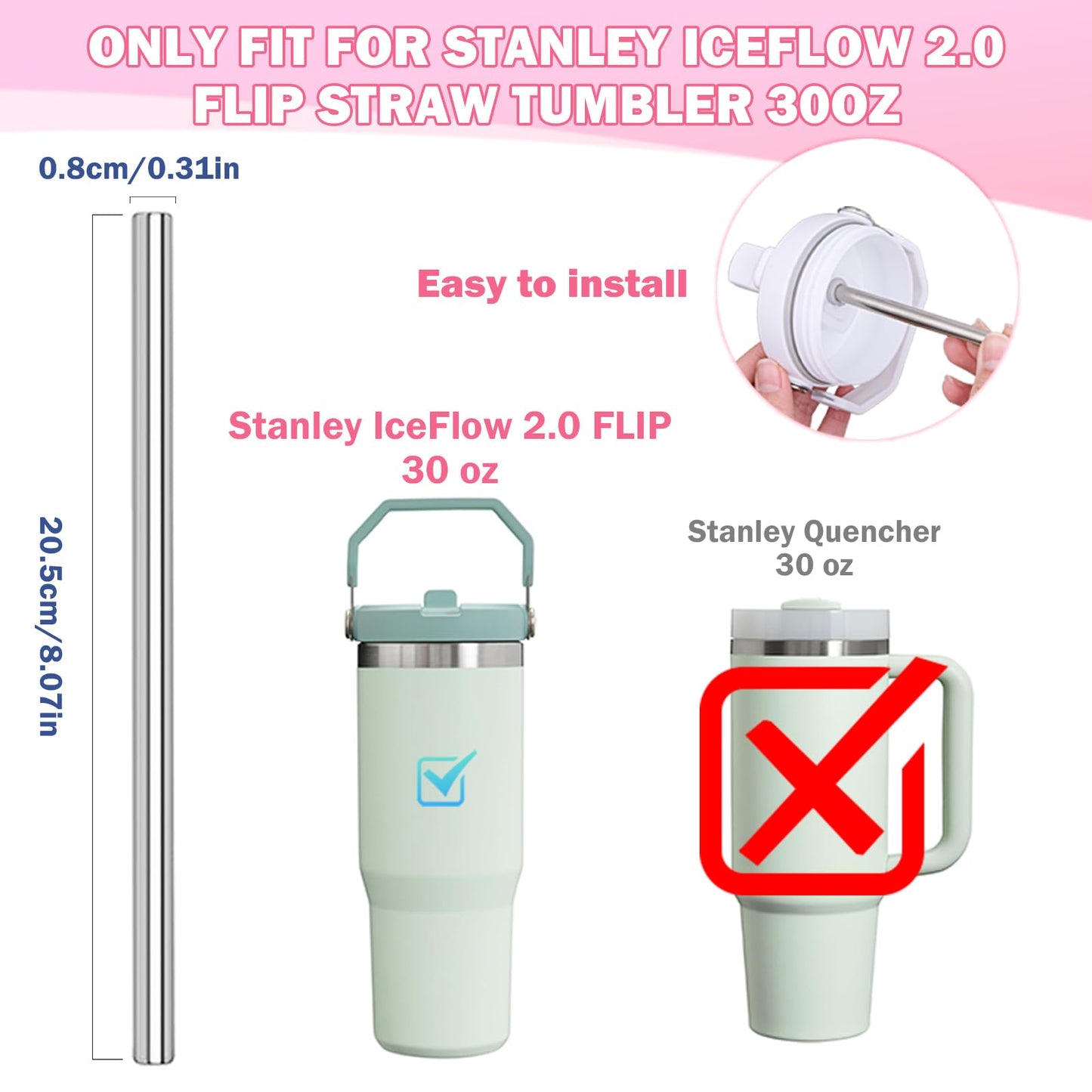 LUCKINEE Replacement Stainless Steel Straws for Stanley IceFlow Tumbler 30 oz, 3 Pack Metal Reusable Straws with 2 Straw Cleaner Brushes for IceFlow Tumbler Accessories