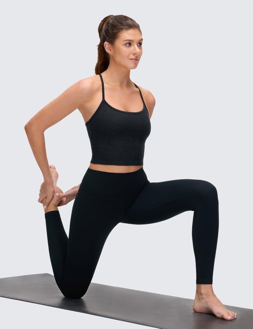 CRZ YOGA Cut-Out Y Back Crop Tank Tops for Women - Scoop Neck Spaghetti Strap Racerback Yoga Longline Sports Bra Non Padded Black Small