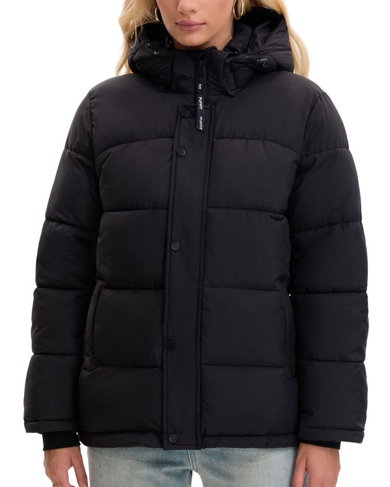 PUFFIT Women Mid Lenth Puffer Jacket, Warm Thicken Hooded Winter Coats, Windproof Long Sleeve & Hood,3 Pockets