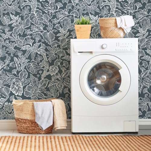 Tropical Peel and Stick Wallpaper Boho Contact Paper Cabinet Dark Blue Navy White Removable Self Adhesive Contact Paper Modern Floral Leaf Bedroom Bathroom Wallpaper Waterproof 17.3inW 78.7inL