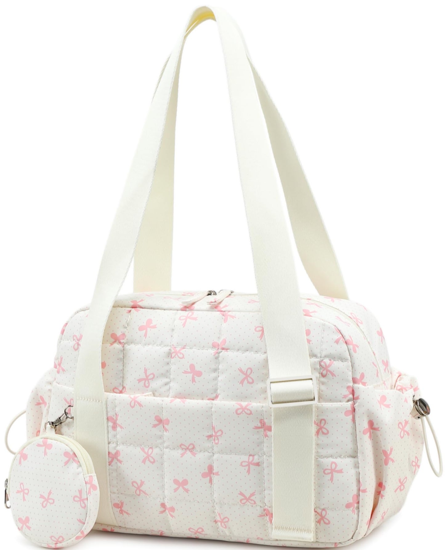 CAMTOP Mini Gym Bag for Women, Small Gym Tote Bag Puffy Quilted Sports Duffel Bag with Wet Compartment and Coin Purse Duffel Bags Dance Yoga Workout Bag for Gifts (Beige Pink Bow, Mini-12.6")