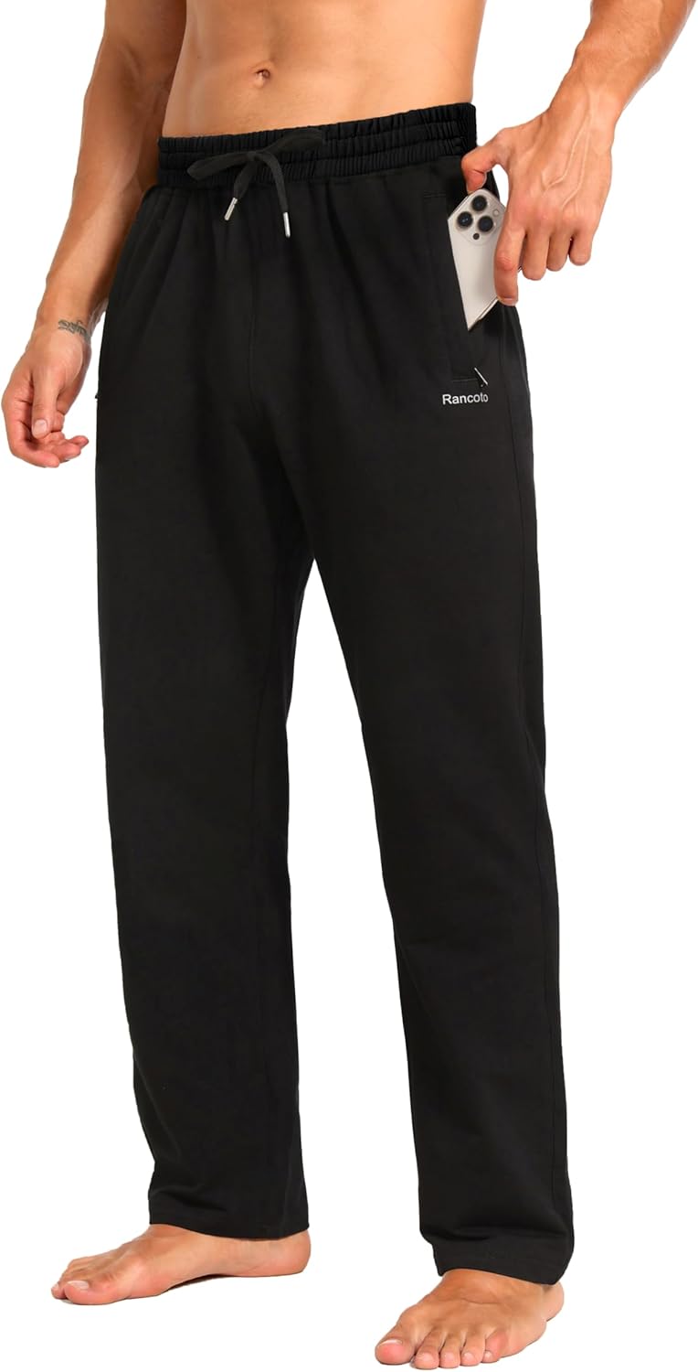 Skiennix Men's Cotton Yoga Pants - Casual Jersey Design with Zipper Pockets | Open Bottom Straight Leg
