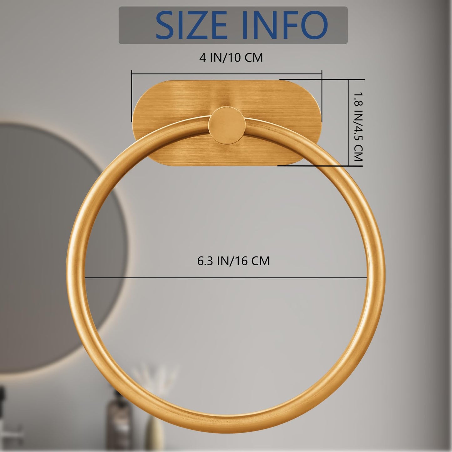Self-Adhesive Towel Ring for Bathroom, No Drilling Stainless Steel Rustproof Hand Towel Holder, Wall Mounted Bathroom & Kitchen Towel Hanger with Strong Adhesive, Modern Bath Organizer Brushed Gold