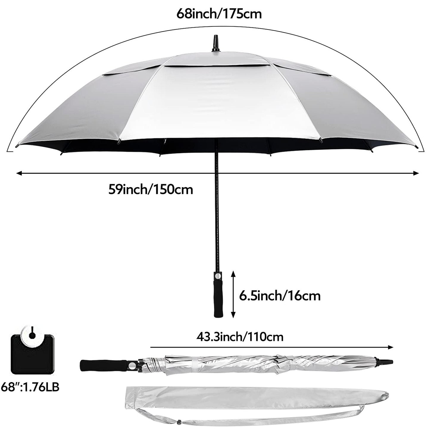 Prospo 68inch Golf Umbrella UV Protection Extra Large Oversized Heavy Duty Auto Open Double Canopy Vented Sun Rain Umbrella Windproof Black