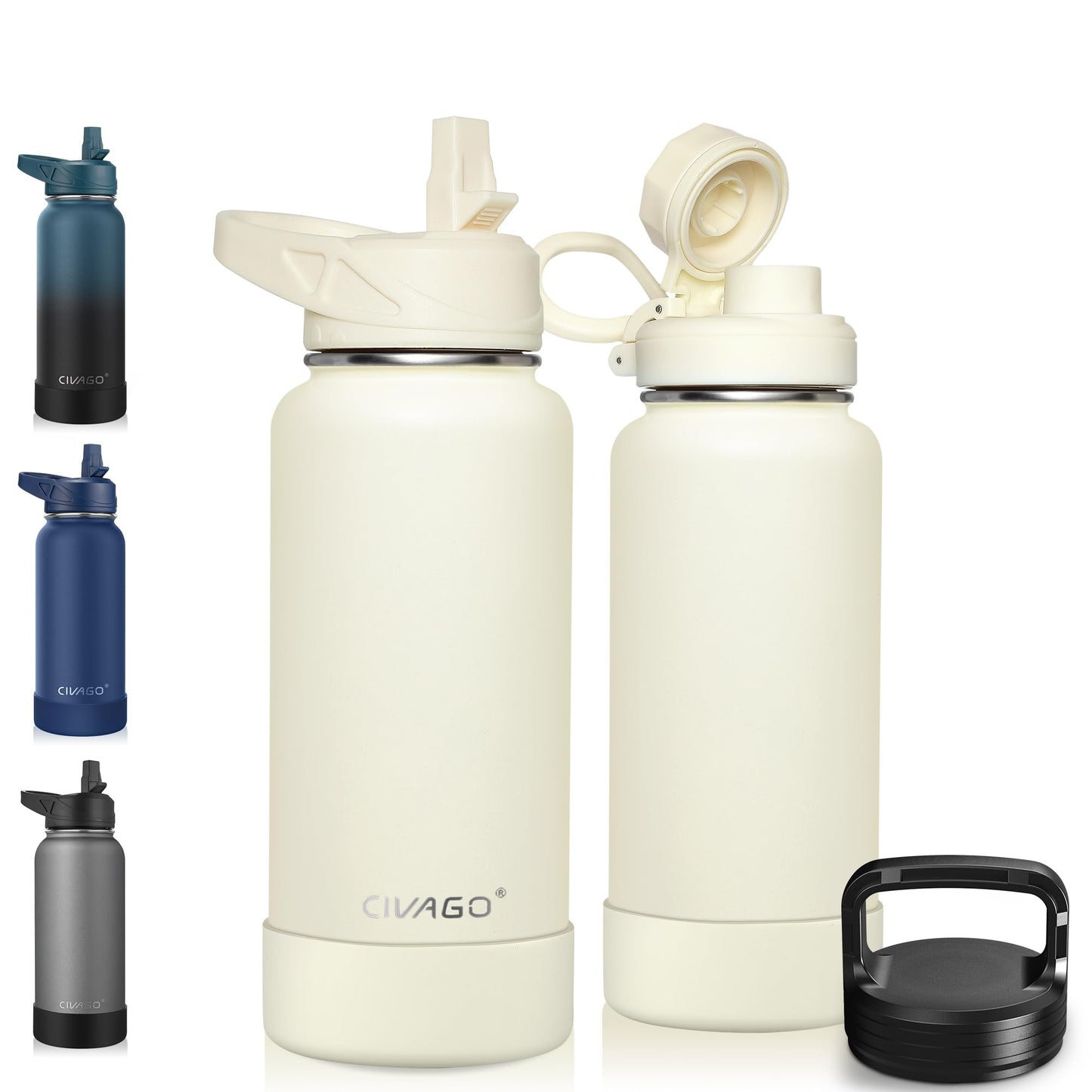 CIVAGO 64 oz Insulated Water Bottle With Straw, Half Gallon Stainless Steel Sports Water Flask Jug with 3 Lids (Straw, Spout and Handle Lid), Large Metal Thermal Cup Mug, Cream