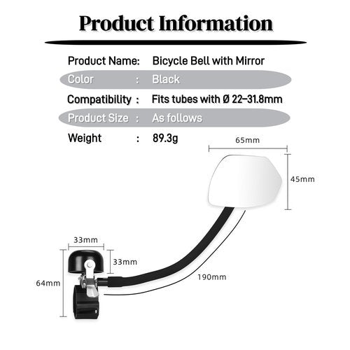 Goucrro Bike Bell with Mirrors: 360° Adjustable Safety Bicycle Rear View Mirror, Copper Bicycle Bell, Universal Fit for MTB/Rode Bike Handlebars, Bike Accessories (Black-Left)