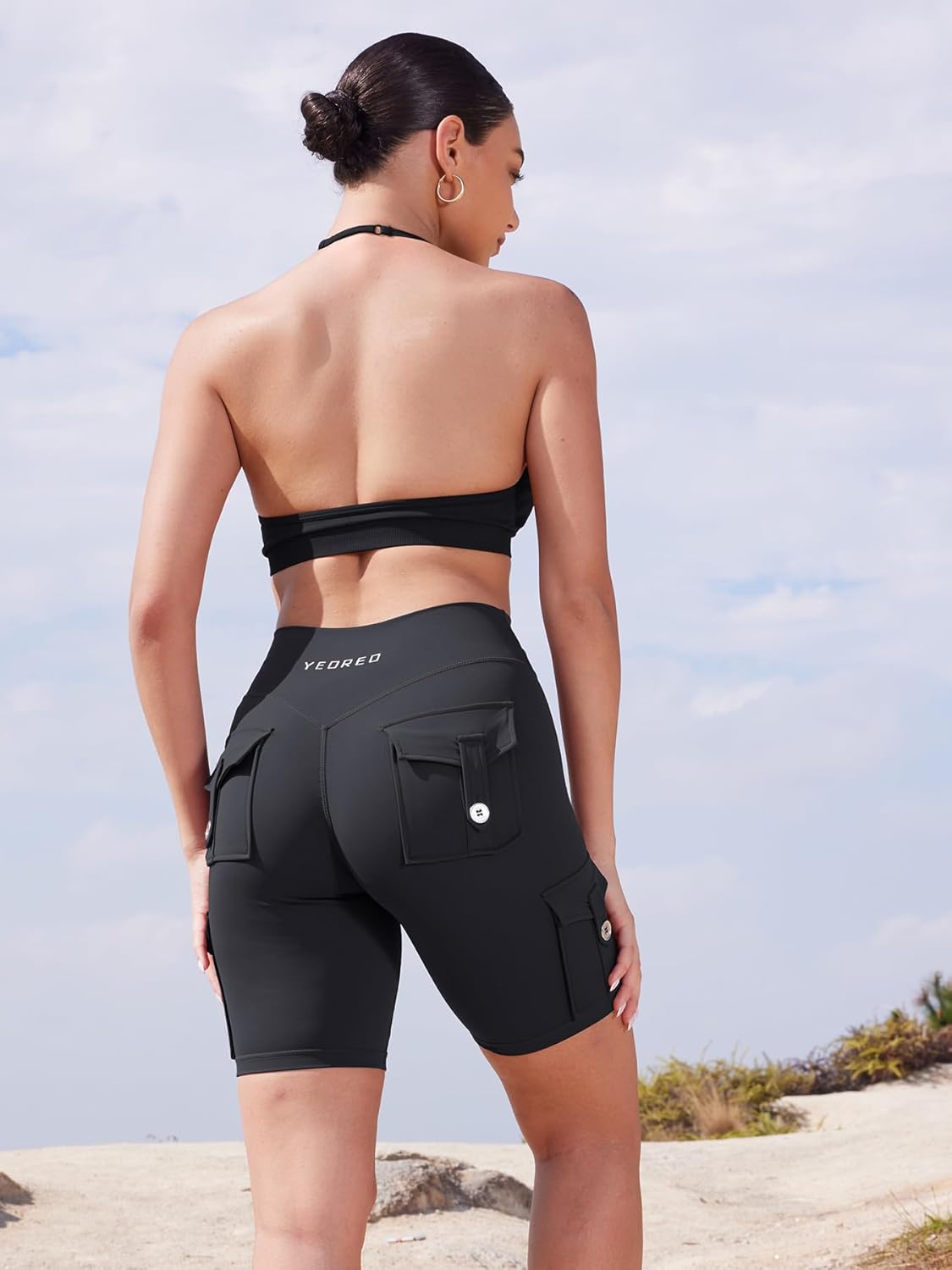 YEOREO CoreFlex Women's High-Waisted Biker Shorts - Hidden Cargo Pockets | 8" Inseam Gym Wear