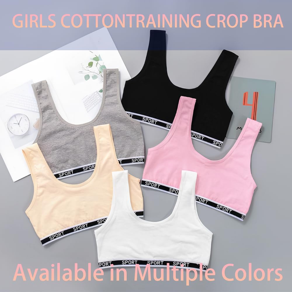 YoBeLove 5 Pack Girls'Cotton Sports Bra with Removable Pads Comfort Wireless Underwear for Teens 12-15 Years Multicolor