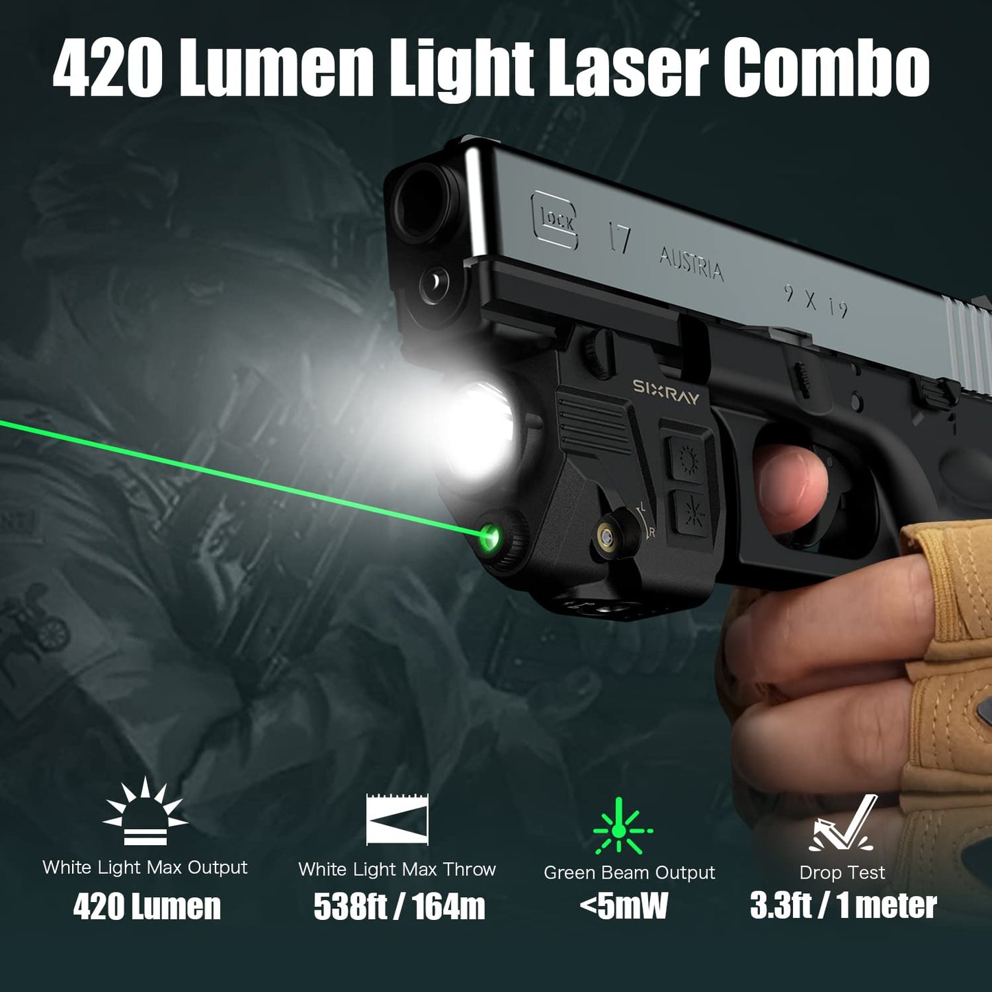 SIXRAY Pistol Light Laser Sight 420 Lumens Gun Light with Magnetic Charging Strobe Function Green Laser Light Combo for Pistol Laser Class II