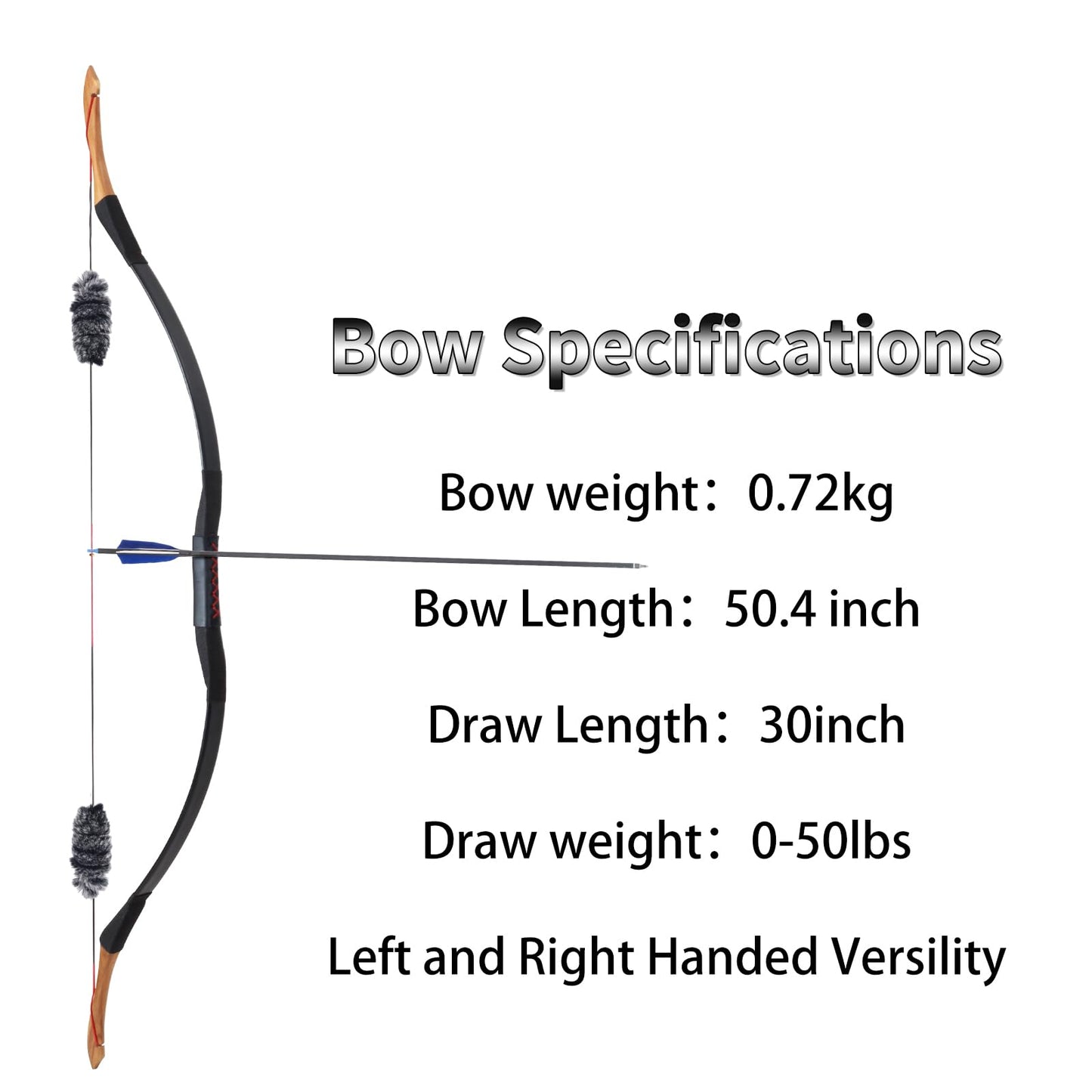 SPG 50lbs One Piece Traditional Bow - 50" Handmade Wooden Bow Fast Precision Shooting Traditional Recurve Bow and Arrow Set for Adult & Archers Right Left Hand Archery Horse Long Bow