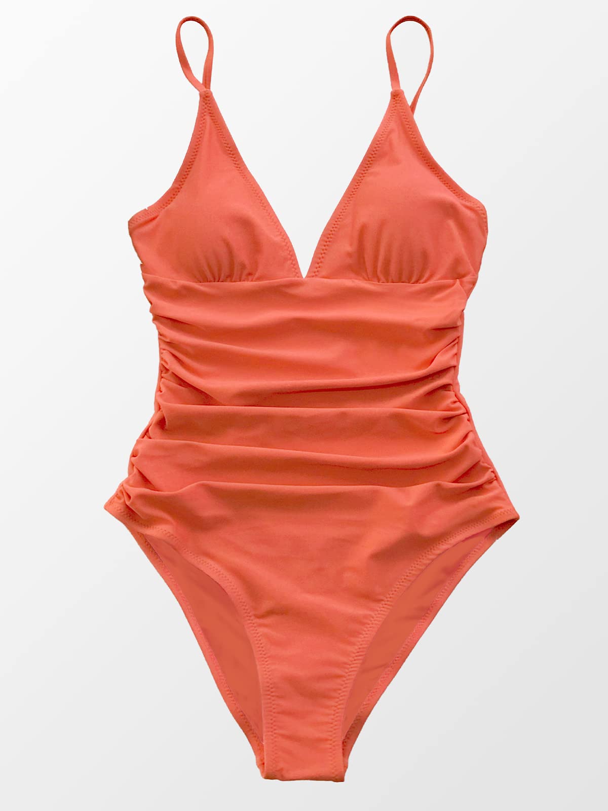 CUPSHE Womens Swimwear V Neck Shirring Swimsuit,Orange, Small