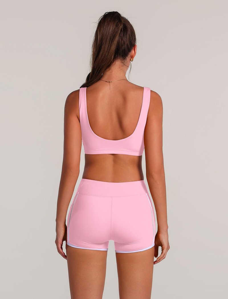 ABOCIW Workout Sets for Women 2 Piece Contrast Trims Twist Front Sports Bra High Waist Mini Shorts with Pockets Pilates Outfits Athletic Yoga Gym Sets Pink Medium