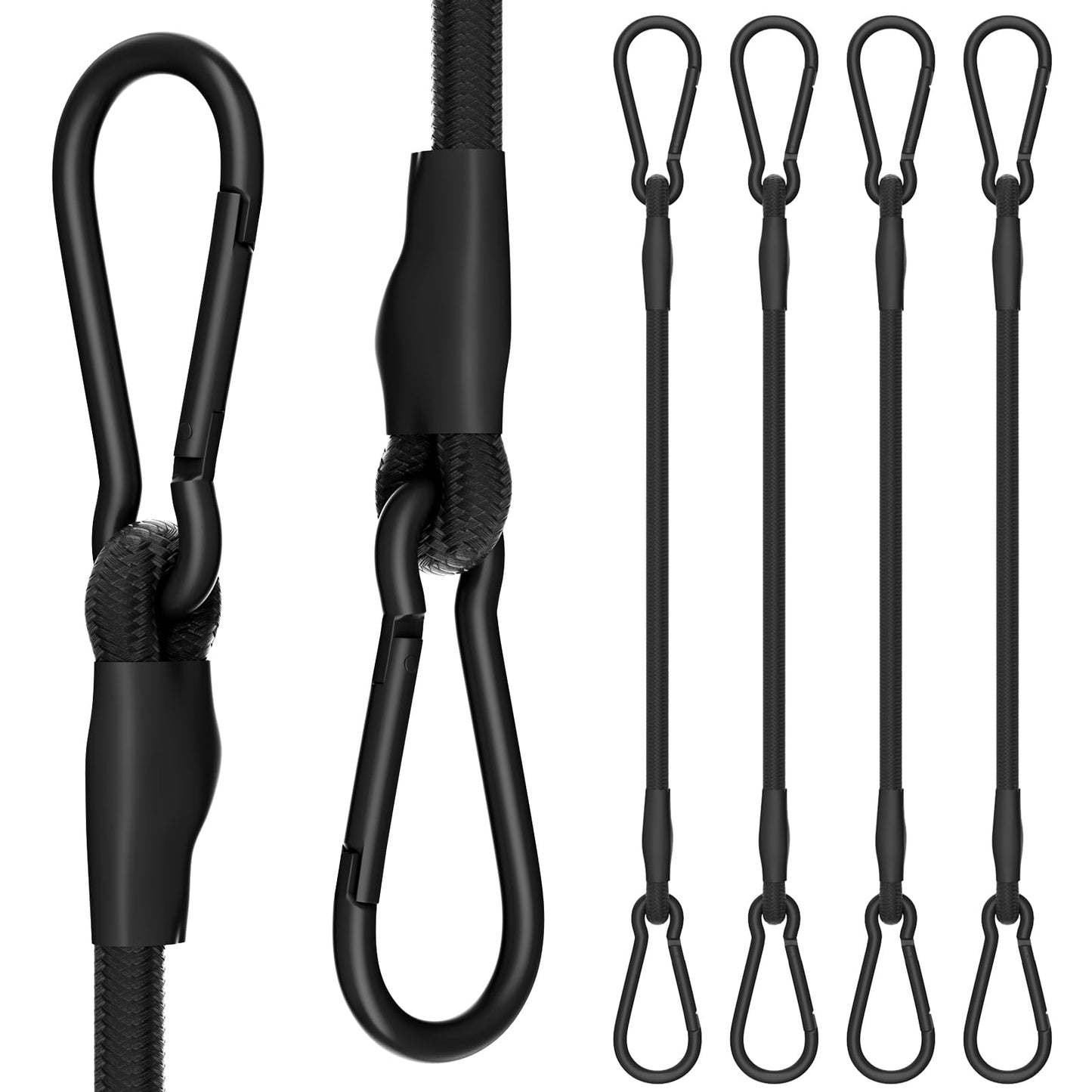 4 Pack 12 Inch Bungee Cords with Carabiner Hooks – Heavy Duty 1/3 Inch Elastic Rope for Secure Camping Gear, Tent Setup, and Bike Rack