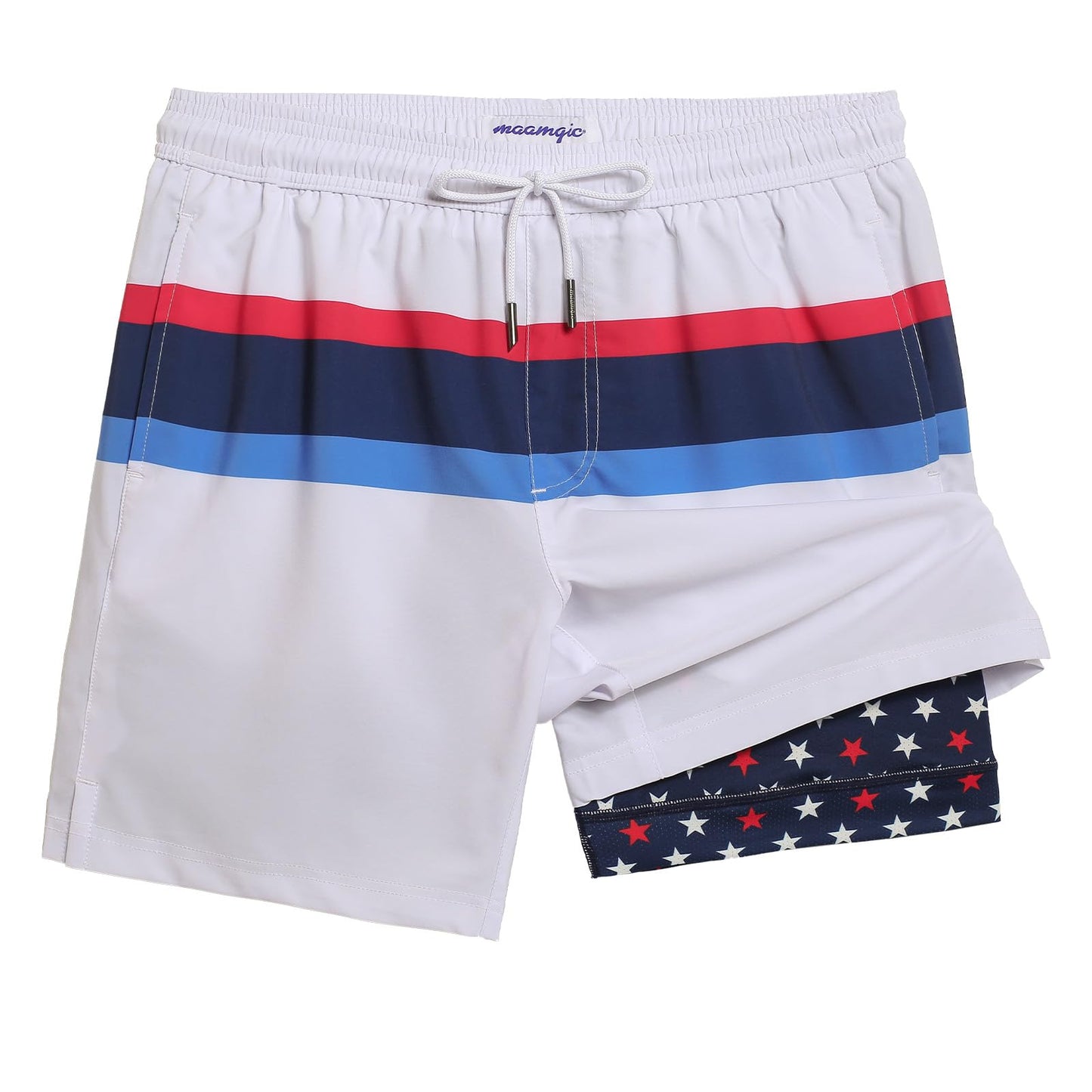 maamgic Mens Swim Trunks with Compression Liner 7 Inch Inseam Mens Bathing Suit Quick Dry Swimming Trunks Swimsuit Flag Stars and White Small