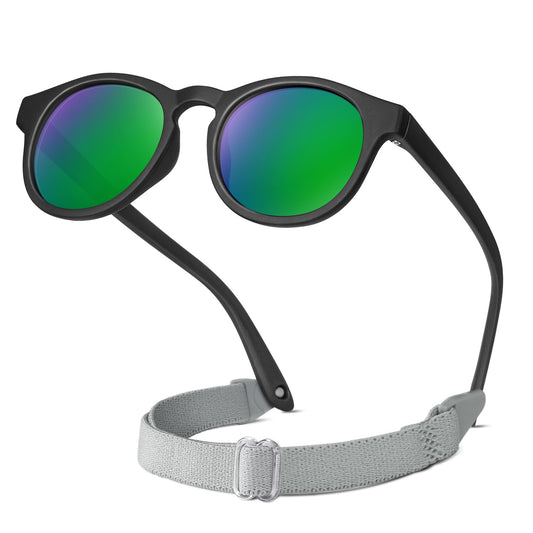 RIVBOS Baby Wrap Polarized UV400 Sunglasses Soft Frame with Secure Strap for Toddler,Infant and Newborn (0-18 Months) Black&Ice Green Lens RBK070