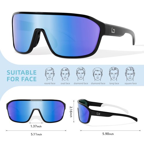 B.N.U.S Cycling Sunglasses Wrap-Around Design for mens and women (Polished Black/Sapphire Polarized, Plastic Lenses)