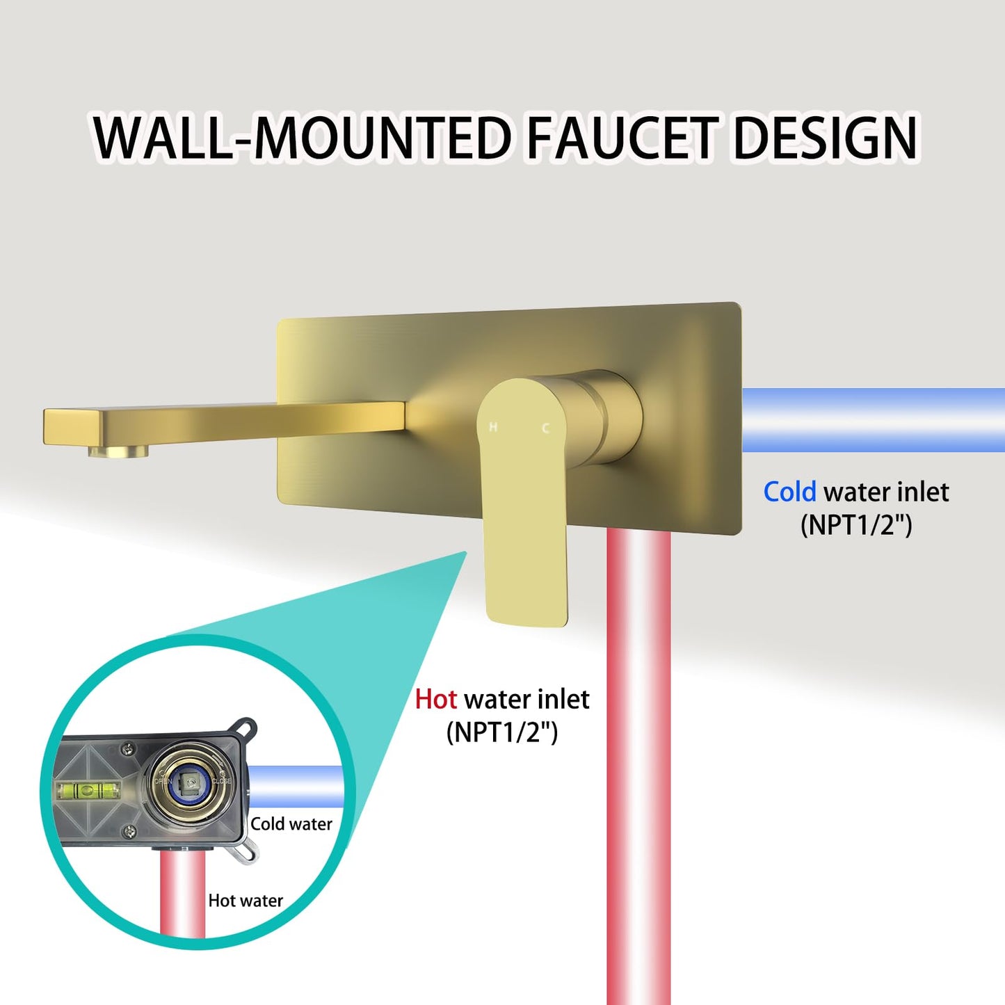 Bathroom Faucet, Wall Mount Single Handle Faucets with Rough-in Valve, Adjustable Water Temperature Brass Bathroom Faucet (Brushed Golden)