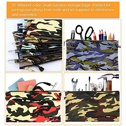 FunOwlet Canvas Tool Pouch Zipper Bag - 5 Pack Heavy Duty Utility Camo Bags with Carabiner, Multi-Purpose Storage Organizer Clip on Tote Pouches 12.5 x 7-Inch