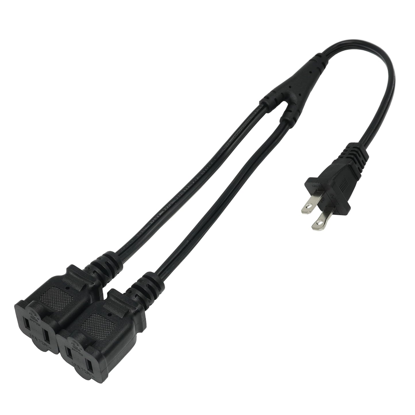 2 Prong 1 to 2 Extension Cord, 2 Way Indoor Power Cable Outlet Saver Splitter, Male to Female Y Splitter, 18 Gauge Wire, 10 A 125 V 1.5 Feet Black