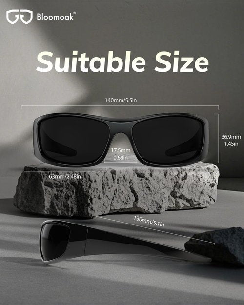 Bloomoak Super Dark Lens Black Polarized Sunglasses | Wrap Around Sport Sunglasses Unisex | UV400 | CAT 4 | For Photophobia (Glossy Black/Dark (5% Light Transmission), CAT 4)