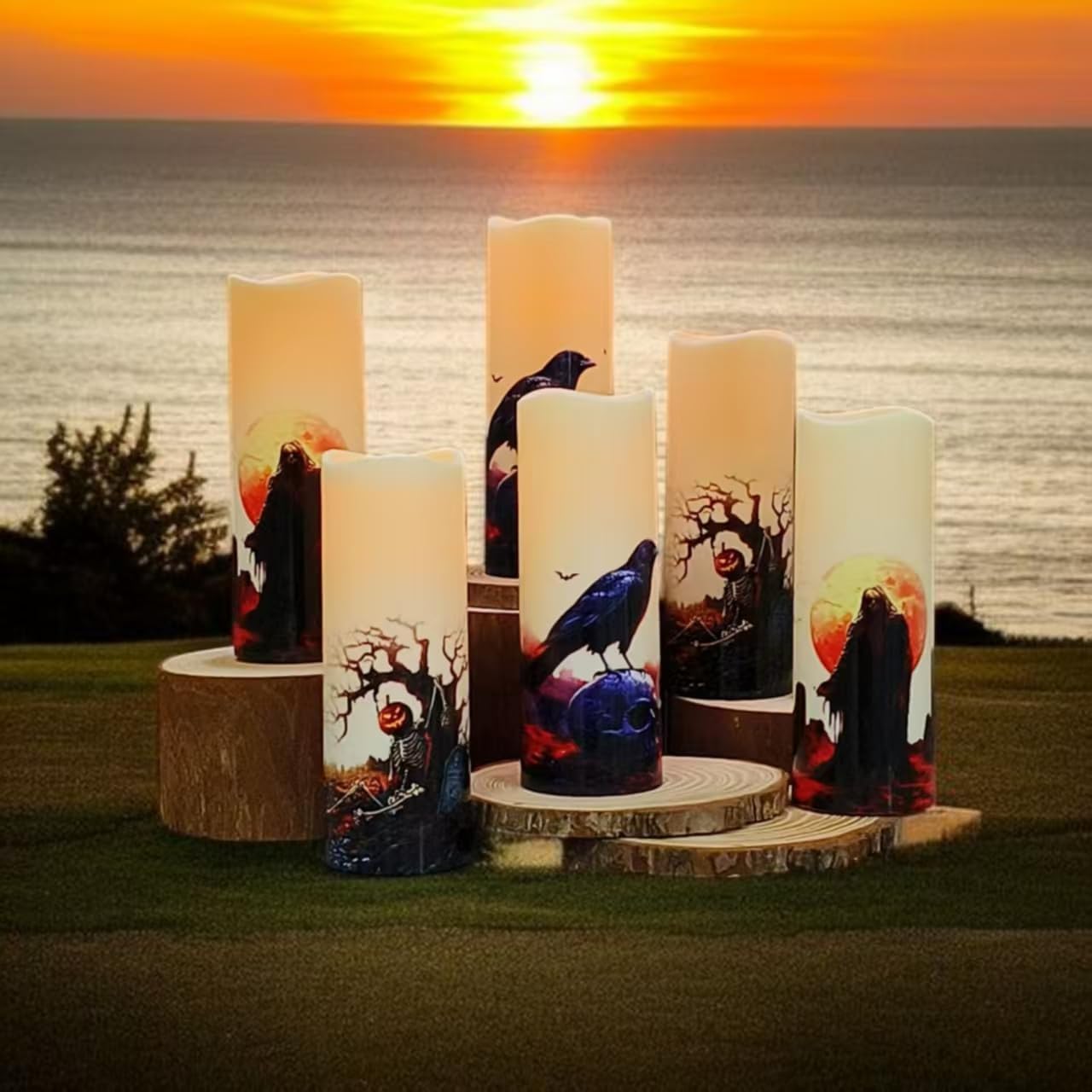 Halloween LED Flameless Candles, Gothic Design, Set of 6, 6x3 / 2.15 inch, Remote Control with Timer, Battery Operated (6, D 2.15 ")
