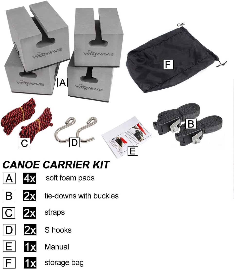 WOOWAVE Canoe Carrier - Deluxe Soft Foam Block Kit for Roof Racks | Universal Fit with Tie-Downs, 6 Inches