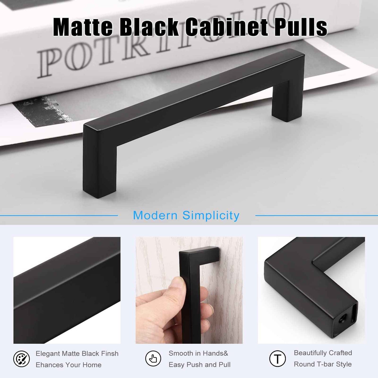 KNOBWELL 50 Pack 5" Matte Black Kitchen Cabinet Handles, 5 Inch (128mm) Hole Distance Closet Handles, 5-2/5 inch (138mm) Overall Length Stainless Steel Black Pulls for Cabinets