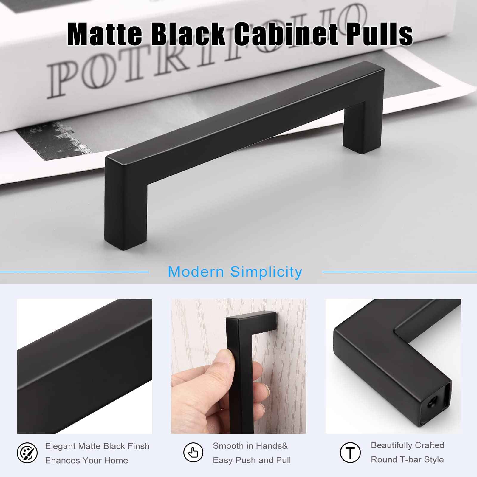 KNOBWELL 50 Pack 5" Matte Black Kitchen Cabinet Handles, 5 Inch (128mm) Hole Distance Closet Handles, 5-2/5 inch (138mm) Overall Length Stainless Steel Black Pulls for Cabinets